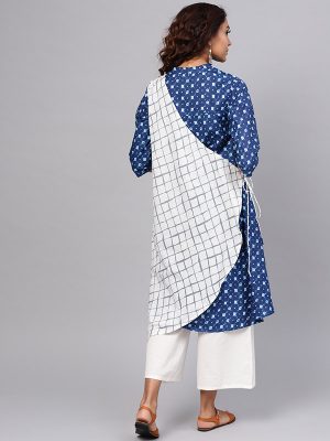 Women Blue & White Printed Layered A-Line Kurta