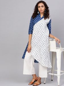 Women Blue & White Printed Layered A-Line Kurta