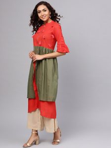 Women Red & Olive Green Solid A-Line Kurta