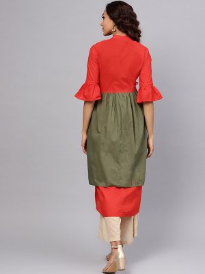 Women Red & Olive Green Solid A-Line Kurta