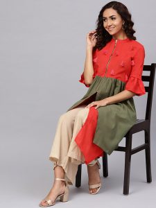 Women Red & Olive Green Solid A-Line Kurta