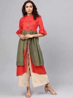 Women Red & Olive Green Solid A-Line Kurta