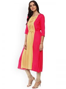 Women Pink & Yellow Colourblocked A-Line Kurta