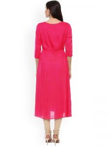 Women Pink & Yellow Colourblocked A-Line Kurta