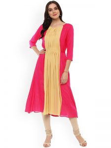 Women Pink & Yellow Colourblocked A-Line Kurta