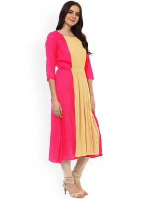 Women Pink & Yellow Colourblocked A-Line Kurta