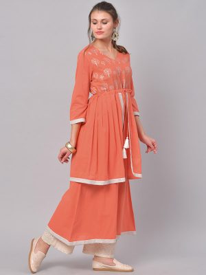 Women Orange & White Printed Anarkali Kurta