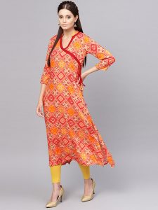 Women Red & Mustard Yellow Printed A-Line Kurta