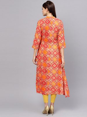 Women Red & Mustard Yellow Printed A-Line Kurta