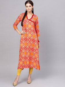 Women Red & Mustard Yellow Printed A-Line Kurta