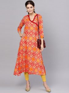 Women Red & Mustard Yellow Printed A-Line Kurta