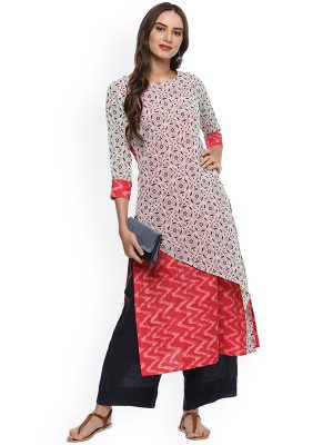 Women Off-White & Red Printed Layered Straight Kurta