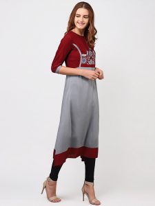 Women Grey & Maroon Embroidered A-Line Kurta