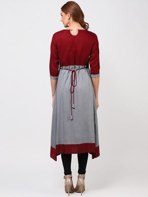 Women Grey & Maroon Embroidered A-Line Kurta