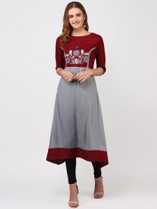 Women Grey & Maroon Embroidered A-Line Kurta