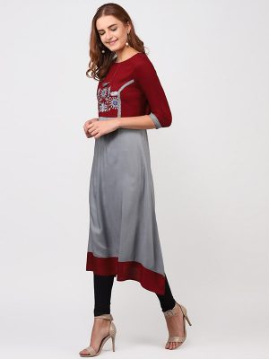 Women Grey & Maroon Embroidered A-Line Kurta