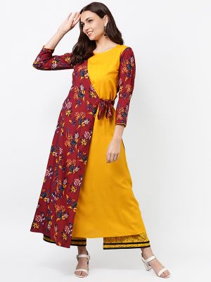 Women Maroon & Yellow Printed A-Line Kurta