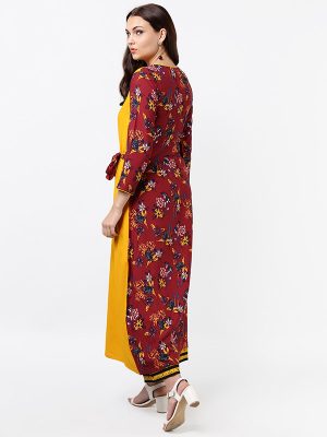 Women Maroon & Yellow Printed A-Line Kurta