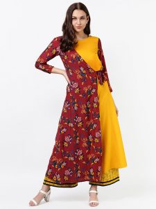 Women Maroon & Yellow Printed A-Line Kurta