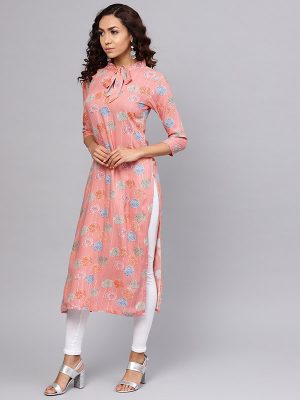 Women Pink & Blue Printed Straight Kurta