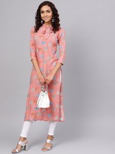 Women Pink & Blue Printed Straight Kurta