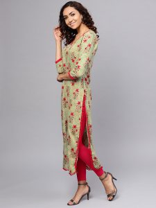 Women Green & Pink Printed Straight Kurta