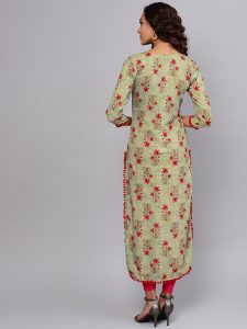 Women Green & Pink Printed Straight Kurta