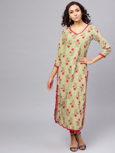 Women Green & Pink Printed Straight Kurta