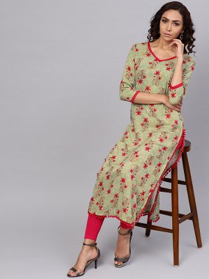 Women Green & Pink Printed Straight Kurta