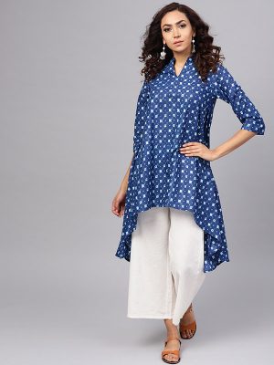 Women Blue & White Printed Layered A-Line Kurta