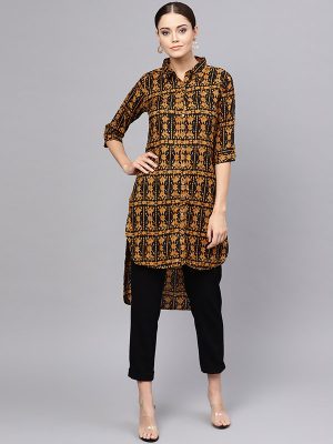 Women Brown & Black Printed Straight Kurta