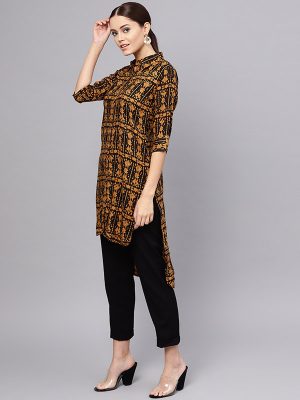 Women Brown & Black Printed Straight Kurta