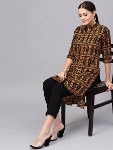 Women Brown & Black Printed Straight Kurta