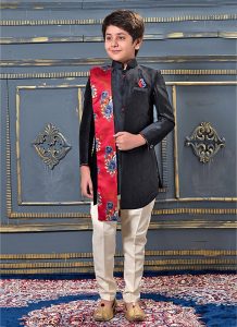 Black Jacqaurd Party Wear Plain Kids Kurta Pajama