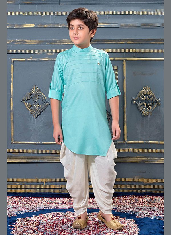 Sky Blue Modal Satin Party Wear Pleats Work Kids Dhoti KurtaSky Blue Modal Satin Party Wear Pleats Work Kids Dhoti Kurta