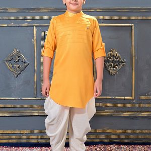Yellow Modal Satin Party Wear Pleats Work Kids Dhoti Kurta