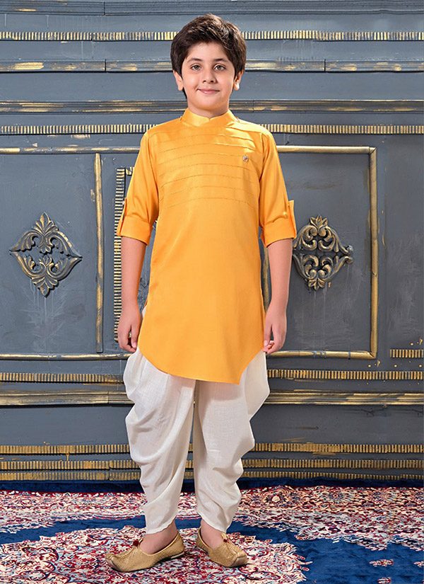 Yellow Modal Satin Party Wear Pleats Work Kids Dhoti Kurta