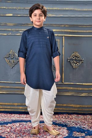 Blue Modal Satin Party Wear Pleats Work Kids Dhoti Kurta