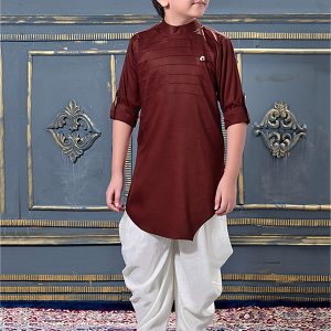 Maroon Modal Satin Party Wear Pleats Work Kids Dhoti Kurta