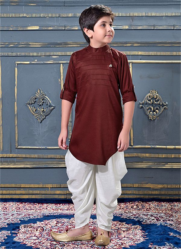 Maroon Modal Satin Party Wear Pleats Work Kids Dhoti Kurta