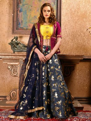 Bridesmaid Navy Blue Colour Sequence Embroidered Work & Metalic Foil Festive Lehenga Choli