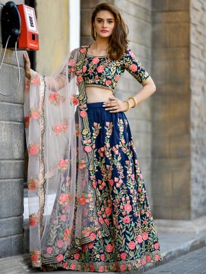 Bridesmaid Navy Blue Colour Resham Embroidered Work Festive Lehenga Choli