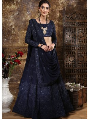 Bridesmaid Navy Blue Colour Thread & Sequence Embroidered Work Festive Lehenga Choli