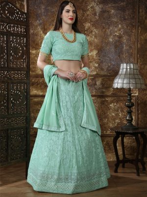 Bridesmaid Mint Green Colour Thread & Sequence Embroidered Work Festive Lehenga Choli