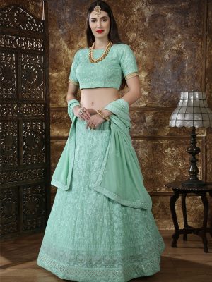 Bridesmaid Mint Green Colour Thread & Sequence Embroidered Work Festive Lehenga Choli