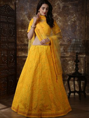 Bridesmaid Yellow Colour Thread & Sequence Embroidered Work Festive Lehenga Choli