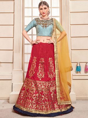 Girly Cherry Red Colour Metalic Foil Party Wear Lehenga Choli