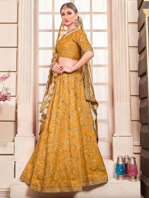 Girly Canary Yellow Colour Embroidered Work Party Wear Lehenga Choli