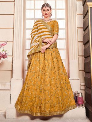 Girly Canary Yellow Colour Embroidered Work Party Wear Lehenga Choli