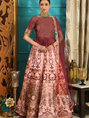 Girly Maroon & Pink Colour Metalic Foil Work Festive Lehenga Choli